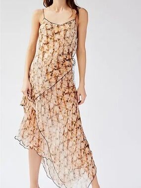 Bec & Bridge Beige Brown Printed Asymmetrical Slip Dress